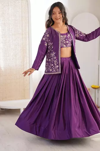 Purple Color Thread & Sequin Embroidery Work Chinon Silk Lehenga Choli Set