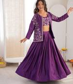 Purple Color Thread & Sequin Embroidery Work Chinon Silk Lehenga Choli Set