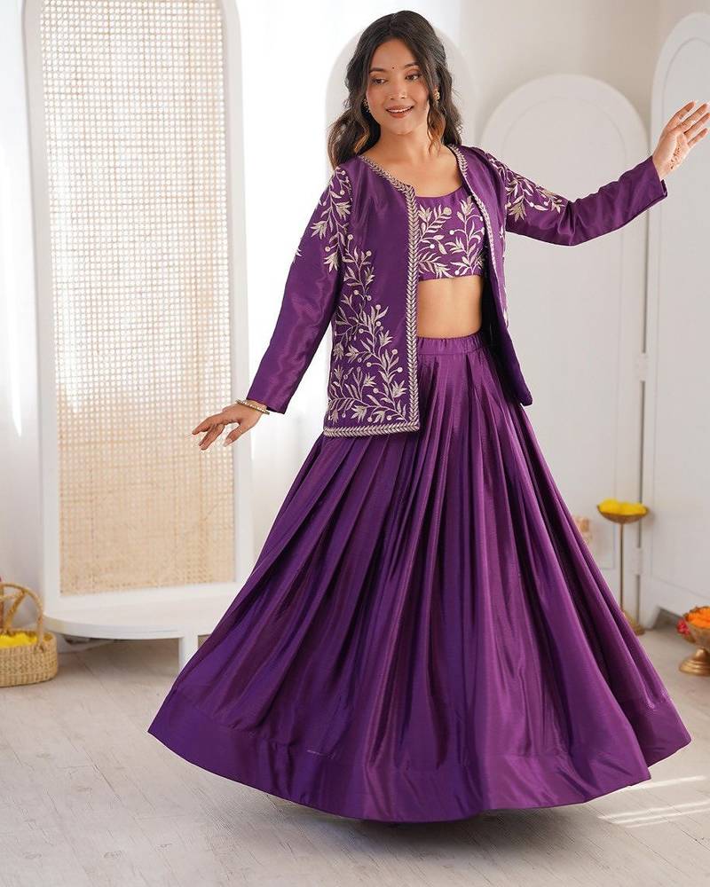 Purple Color Thread & Sequin Embroidery Work Chinon Silk Lehenga Choli Set