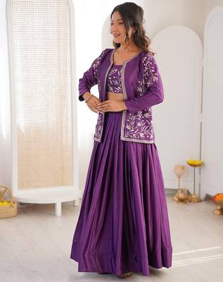 Purple Color Thread & Sequin Embroidery Work Chinon Silk Lehenga Choli Set 3