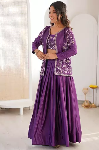Purple Color Thread & Sequin Embroidery Work Chinon Silk Lehenga Choli Set