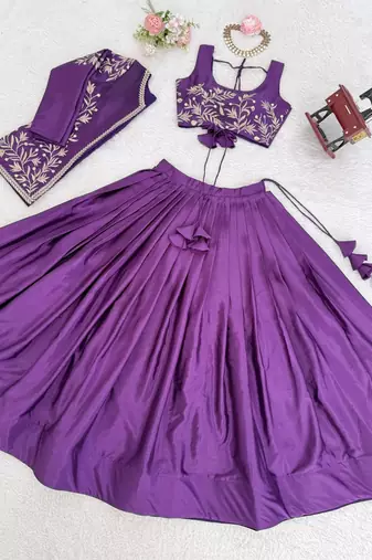 Purple Color Thread & Sequin Embroidery Work Chinon Silk Lehenga Choli Set