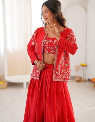 Red Color Thread & Sequin Embroidery Work Chinon Silk Lehenga Choli Set 2