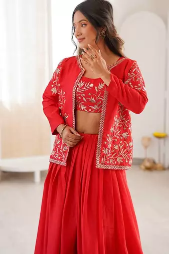 Red Color Thread & Sequin Embroidery Work Chinon Silk Lehenga Choli Set