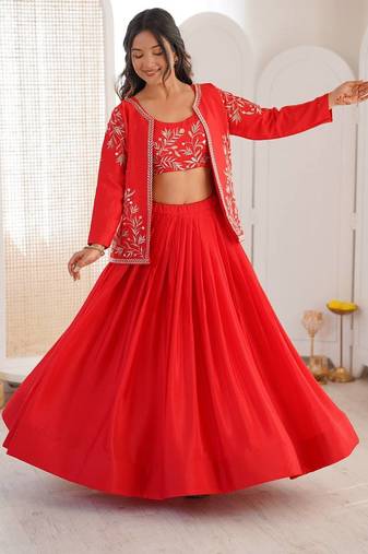 Red Color Thread & Sequin Embroidery Work Chinon Silk Lehenga Choli Set