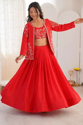 Red Color Thread & Sequin Embroidery Work Chinon Silk Lehenga Choli Set
