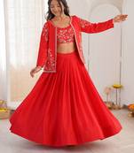Red Color Thread & Sequin Embroidery Work Chinon Silk Lehenga Choli Set