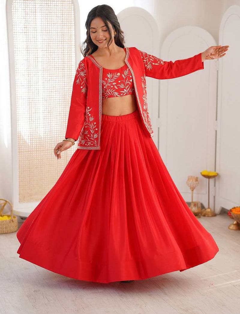 Red Color Thread & Sequin Embroidery Work Chinon Silk Lehenga Choli Set