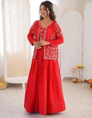 Red Color Thread & Sequin Embroidery Work Chinon Silk Lehenga Choli Set 3
