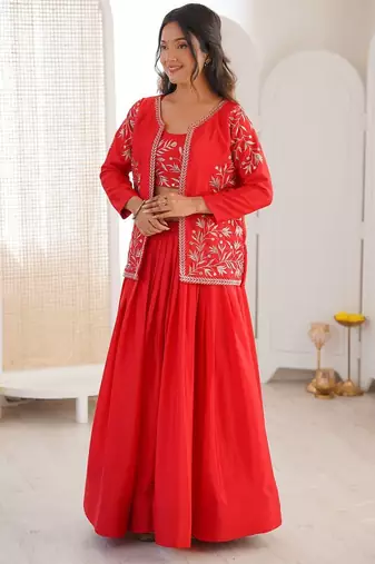 Red Color Thread & Sequin Embroidery Work Chinon Silk Lehenga Choli Set