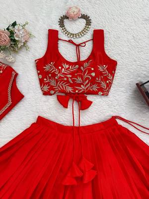 Red Color Thread & Sequin Embroidery Work Chinon Silk Lehenga Choli Set 4