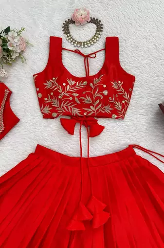 Red Color Thread & Sequin Embroidery Work Chinon Silk Lehenga Choli Set