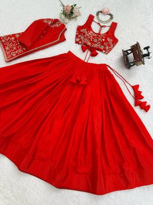 Red Color Thread & Sequin Embroidery Work Chinon Silk Lehenga Choli Set 5