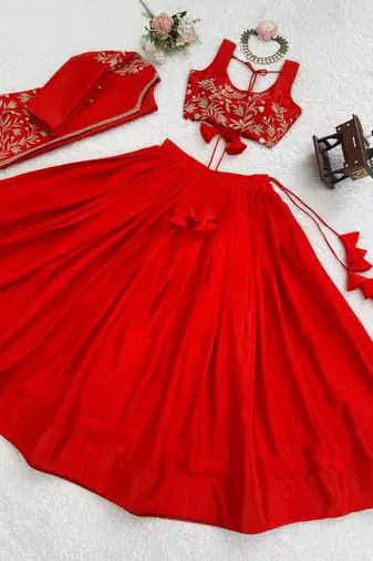 Red Color Thread & Sequin Embroidery Work Chinon Silk Lehenga Choli Set