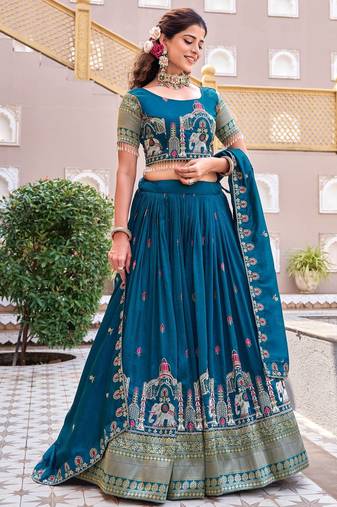 Peacock Blue Color Embroidery Sequence with Thared Work  Silk Lahenga Choli Set