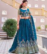 Peacock Blue Color Embroidery Sequence with Thared Work  Silk Lahenga Choli Set