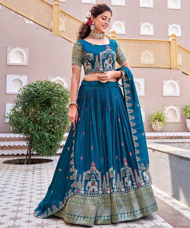 Peacock Blue Color Embroidery Sequence with Thared Work  Silk Lahenga Choli Set