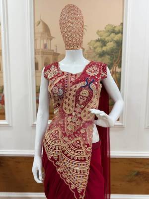 dark rani pink embroidery,thread & sequins work rangoli silk pre draped saree 1