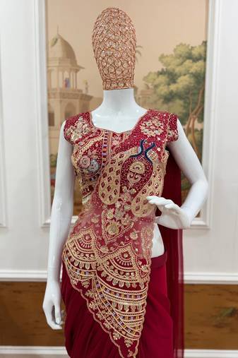 Dark Rani Pink Color Embroidery,Thread &  Sequins Work Rangoli Silk Ready To Wear Saree