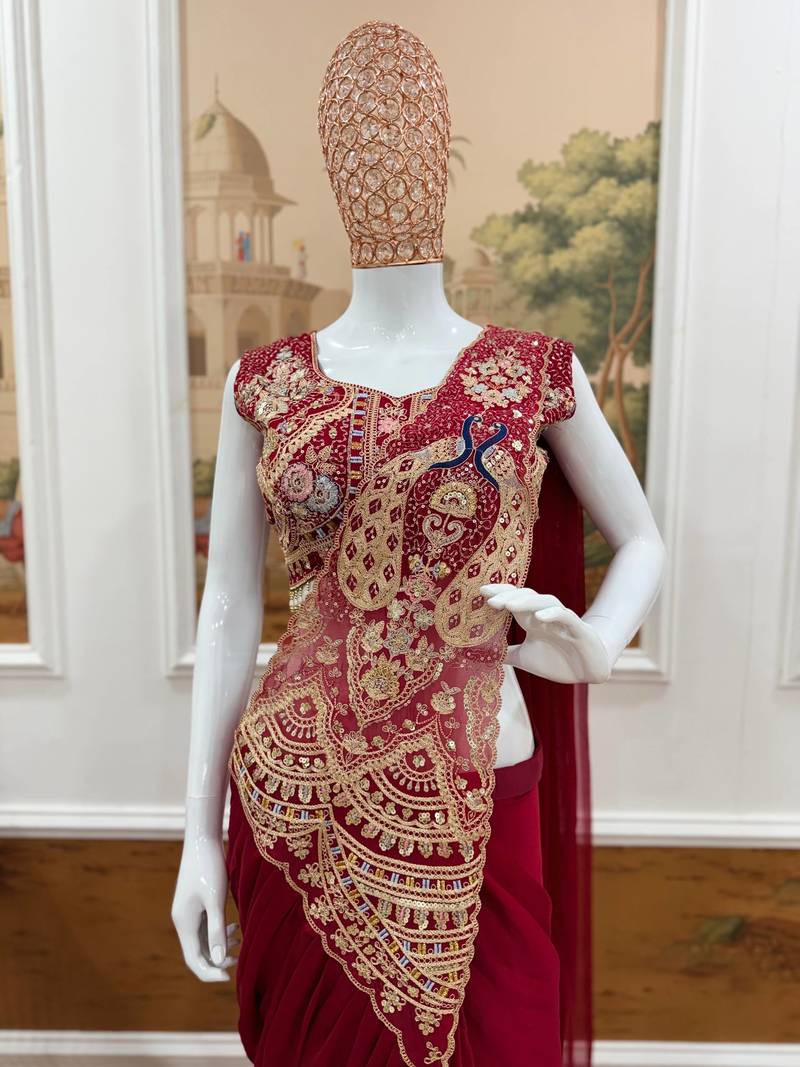 Dark Rani Pink Color Embroidery,Thread &  Sequins Work Rangoli Silk Ready To Wear Saree