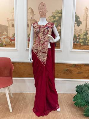 dark rani pink embroidery,thread & sequins work rangoli silk pre draped saree 2