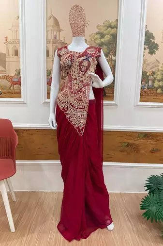 dark rani pink embroidery,thread & sequins work rangoli silk pre draped saree