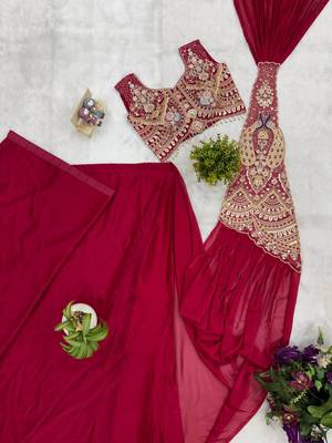 dark rani pink embroidery,thread & sequins work rangoli silk pre draped saree 3