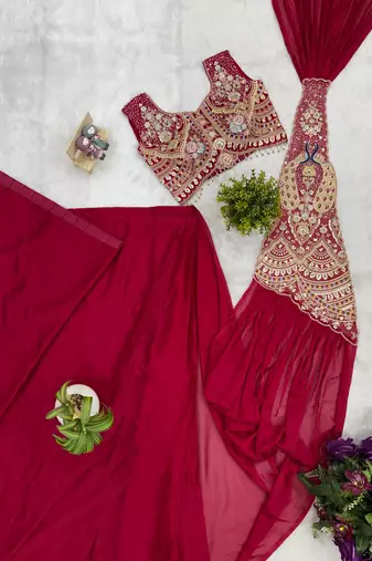 dark rani pink embroidery,thread & sequins work rangoli silk pre draped saree