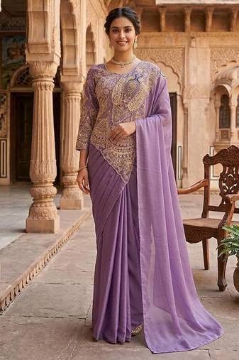 Lavender Color Embroidery,Thread &  Sequins Work Rangoli Silk Ready To Wear Saree