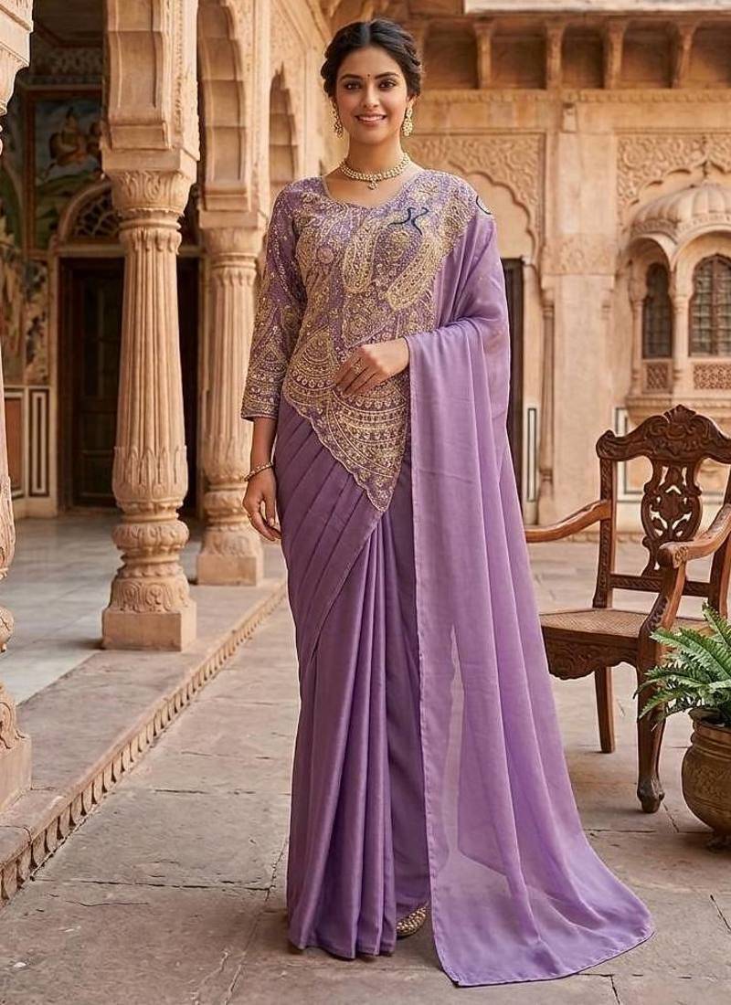 Lavender Color Embroidery,Thread &  Sequins Work Rangoli Silk Ready To Wear Saree