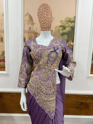 lavender embroidery,thread & sequins work rangoli silk ready made saree 3