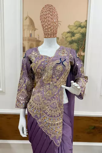lavender embroidery,thread & sequins work rangoli silk ready made saree