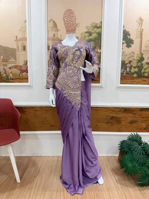 lavender embroidery,thread & sequins work rangoli silk ready made saree 4