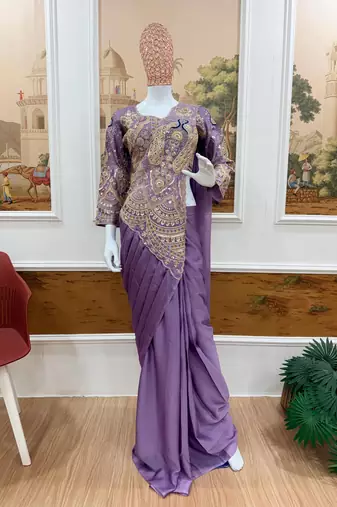 lavender embroidery,thread & sequins work rangoli silk ready made saree