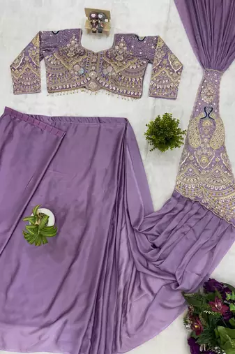 lavender embroidery,thread & sequins work rangoli silk ready made saree