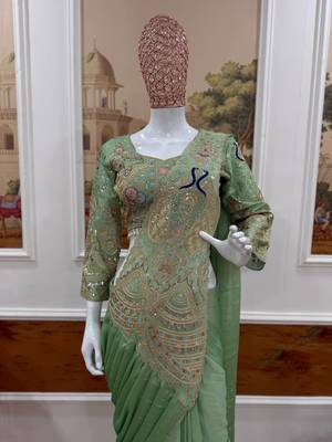 light green embroidery,thread & sequins work rangoli silk pre-stitched saree 1