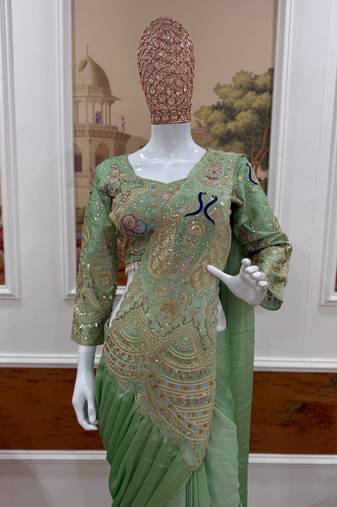 Light Green Color Embroidery,Thread &  Sequins Work Rangoli Silk Ready To Wear Saree