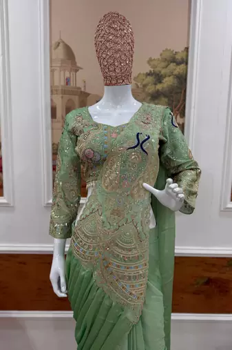 Light Green Color Embroidery,Thread &  Sequins Work Rangoli Silk Ready To Wear Saree