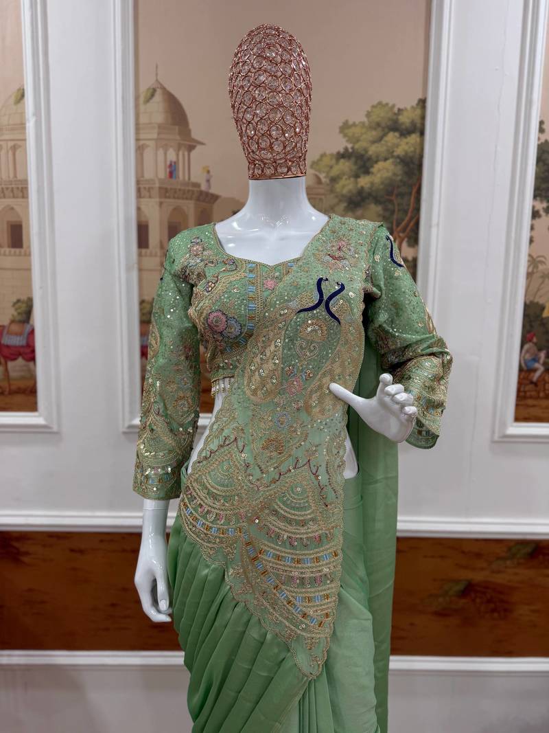 Light Green Color Embroidery,Thread &  Sequins Work Rangoli Silk Ready To Wear Saree