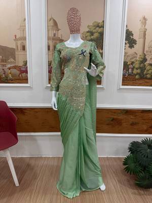 light green embroidery,thread & sequins work rangoli silk pre-stitched saree 2