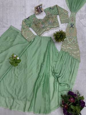 light green embroidery,thread & sequins work rangoli silk pre-stitched saree 3