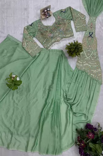 light green embroidery,thread & sequins work rangoli silk pre-stitched saree