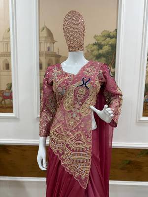pink embroidery,thread & sequins work rangoli silk ready to wear saree 1