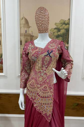 Pink Color Embroidery,Thread &  Sequins Work Rangoli Silk Ready To Wear Saree