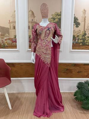 pink embroidery,thread & sequins work rangoli silk ready to wear saree 2