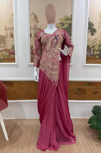 pink embroidery,thread & sequins work rangoli silk ready to wear saree