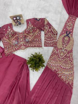 pink embroidery,thread & sequins work rangoli silk ready to wear saree 3