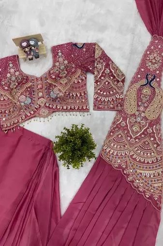 pink embroidery,thread & sequins work rangoli silk ready to wear saree