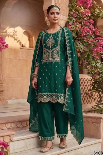 D green vichitra silk semi stitched suit with embroidery & sequence work
