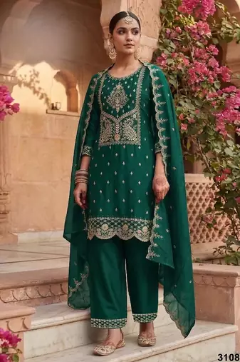 D green vichitra silk semi stitched suit with embroidery & sequence work